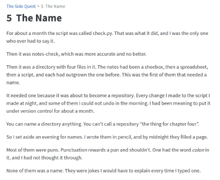 Chapter 5 of Side Quest, The Name, in the HTML edition.