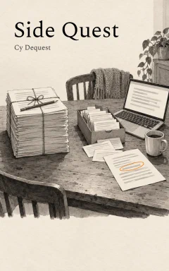 Read Side Quest, the fictional sample book. Its cover is a pencil drawing of a kitchen table with a tied manuscript, a box of index cards, a laptop and a mug, and one line on a loose page circled in orange.