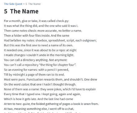 Chapter 5 of Side Quest retold as rhyming verse.